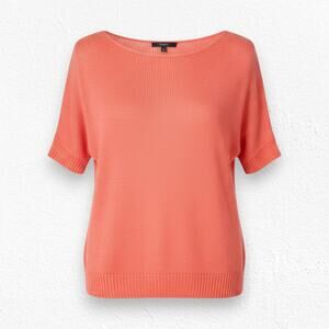 Theory Coral Orange Linen Short Sleeve Boat Neck Open Knit Blouse Size Small